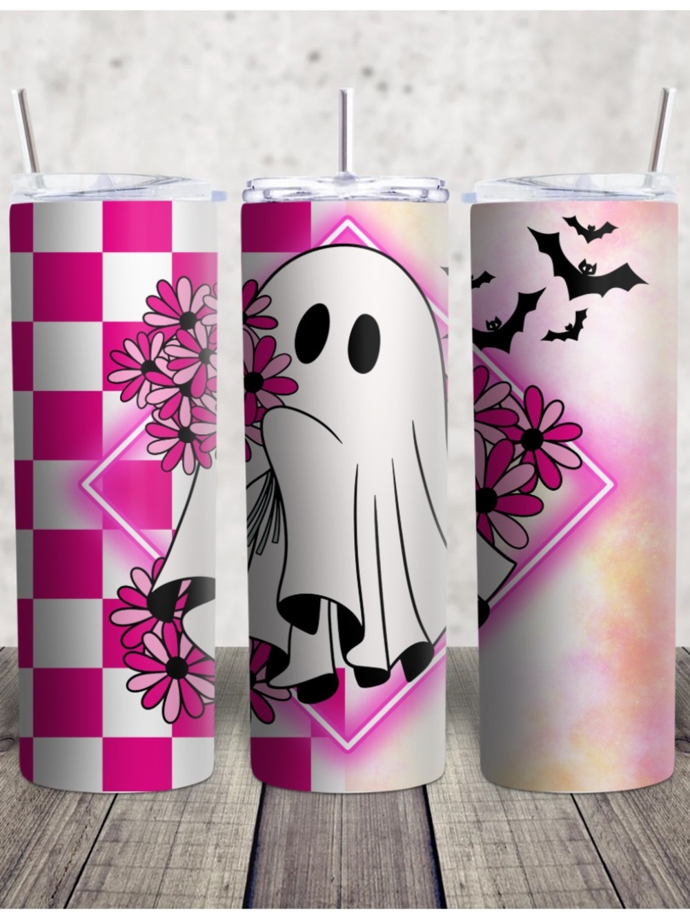 Hand Crafted Pink & White Ghost Floral Skinny Tumbler